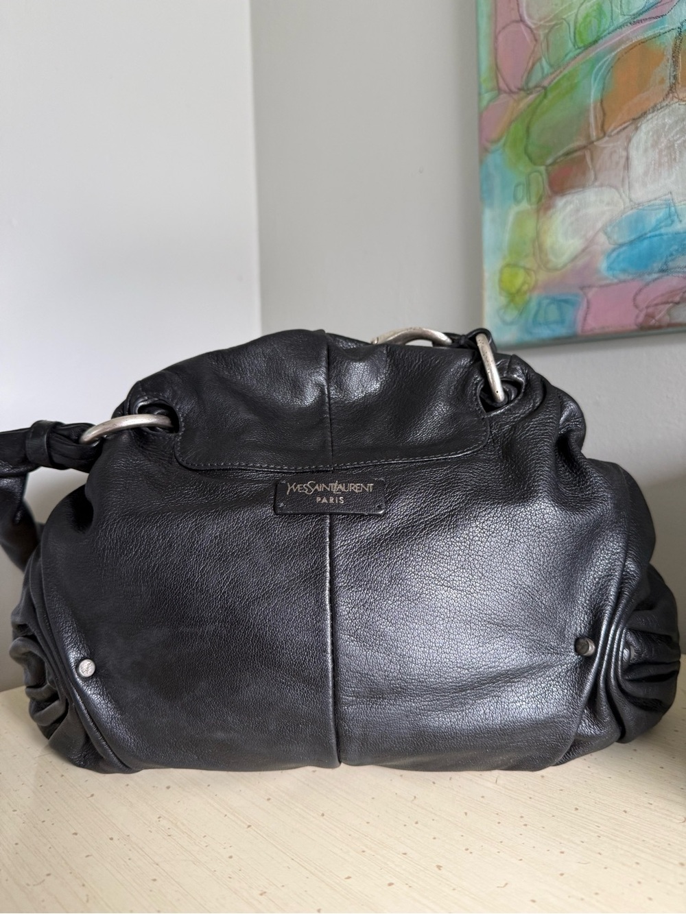 Yves Saint Laurent Black Gathered Leather Shoulder Bag - Picture 2 of 16